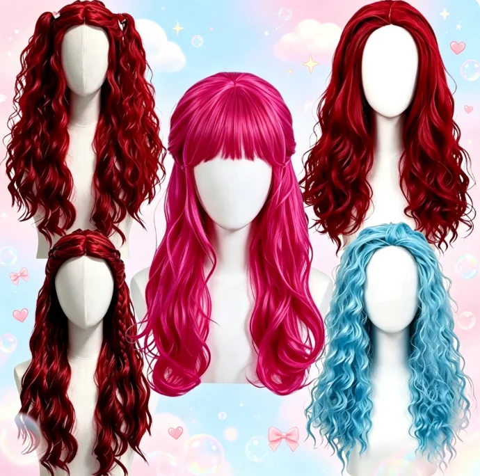 Women'S Red Accessories - Wig Sintetis Panjang Bergelombang Warna Merah